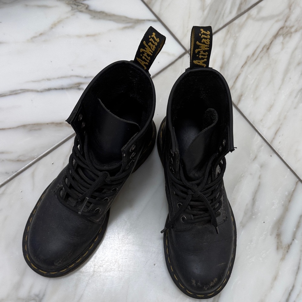 Dr. Martens Black Leather Lace-Up Ankle Boots with Yellow Stitching